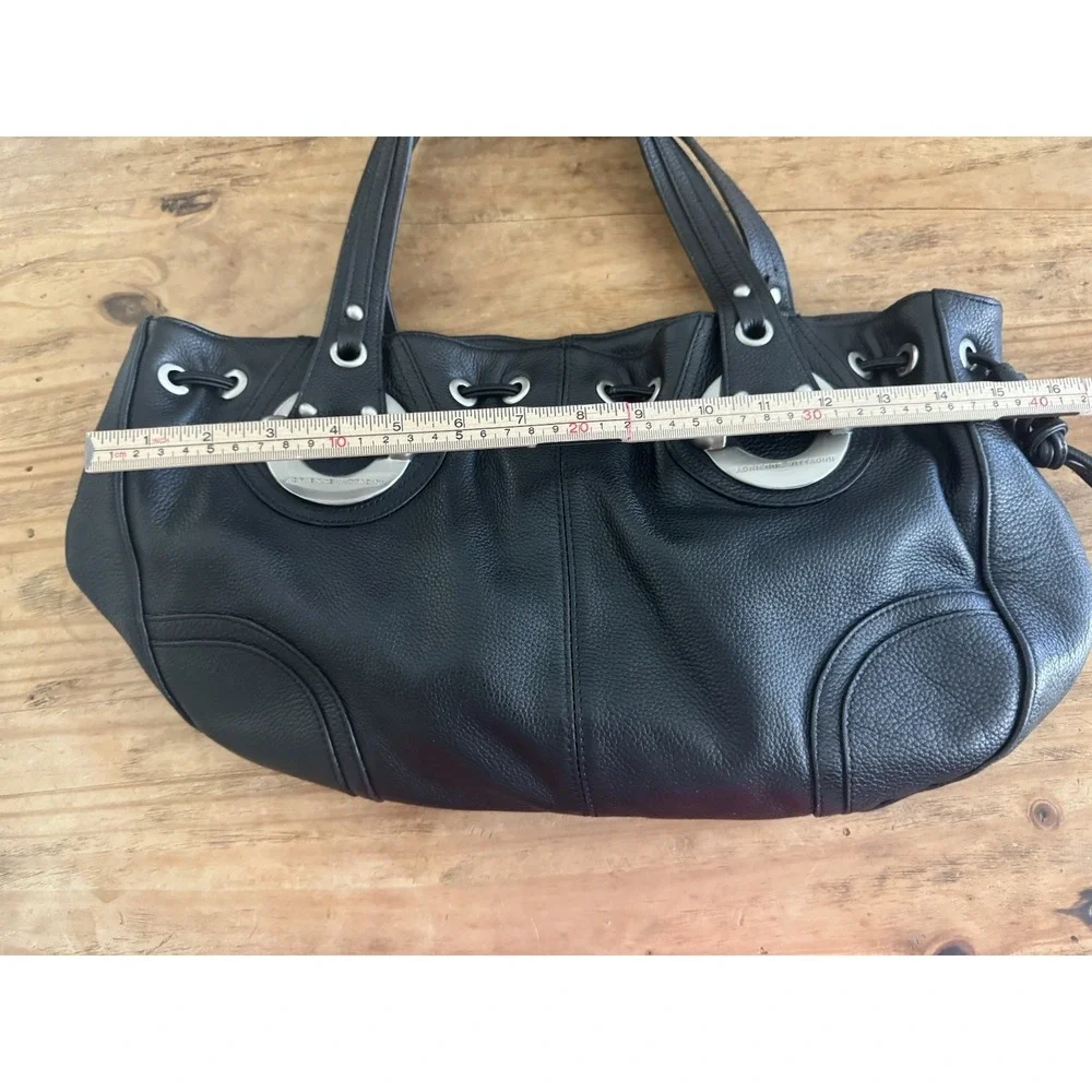 Adrienne Vittadini Black Genuine Leather Shoulder Bag Satchel Tote Silver Y2K